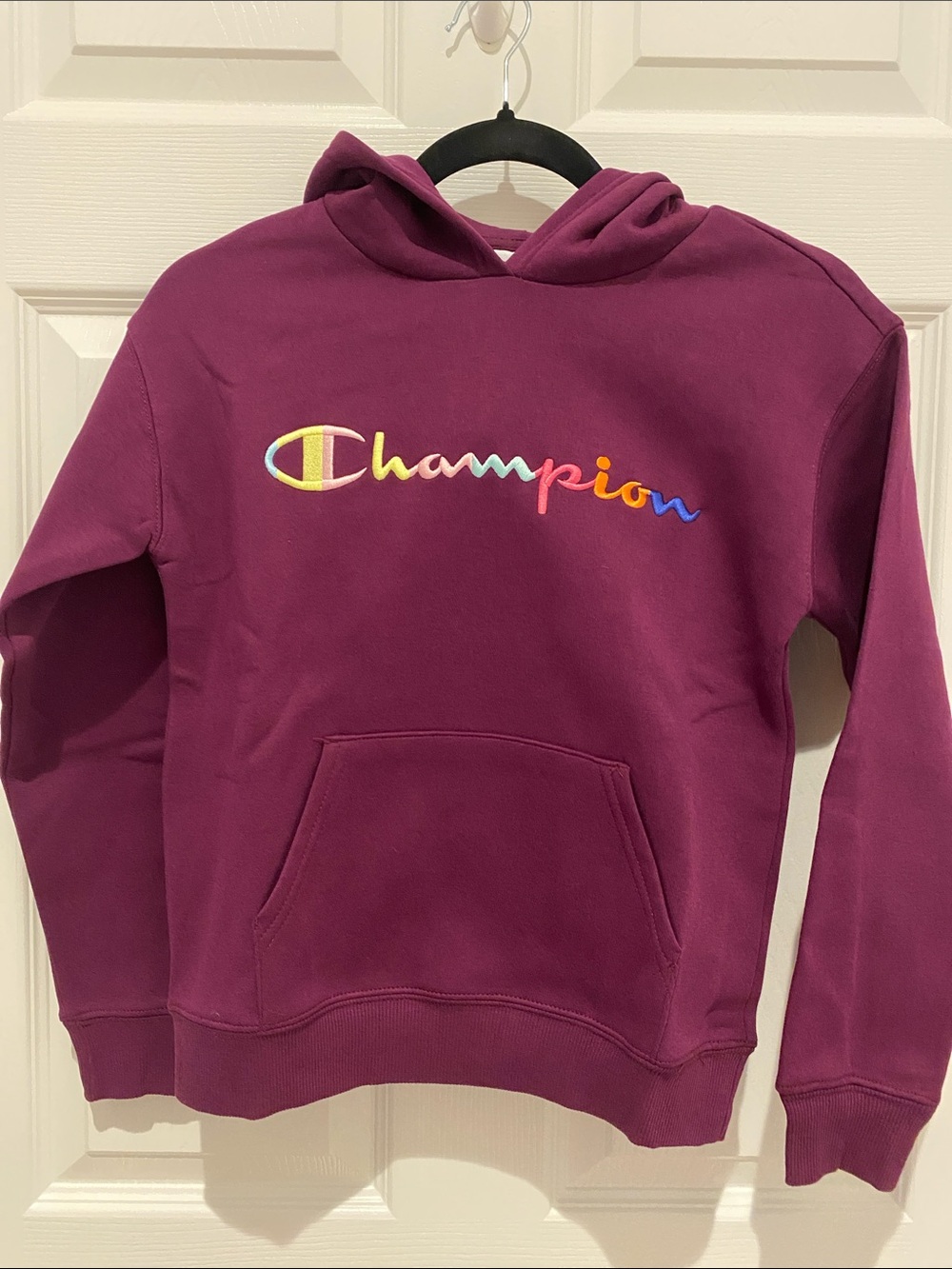 Champion Kids Maroon Hoodie with Rainbow Script Logo